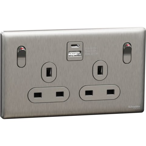 Schneider Electric 施耐德電氣 NUX25DACQUS_SS UNICA X 13A 250V~ 雙位雙極開關插座連USB A+C 21W (炫星銀)